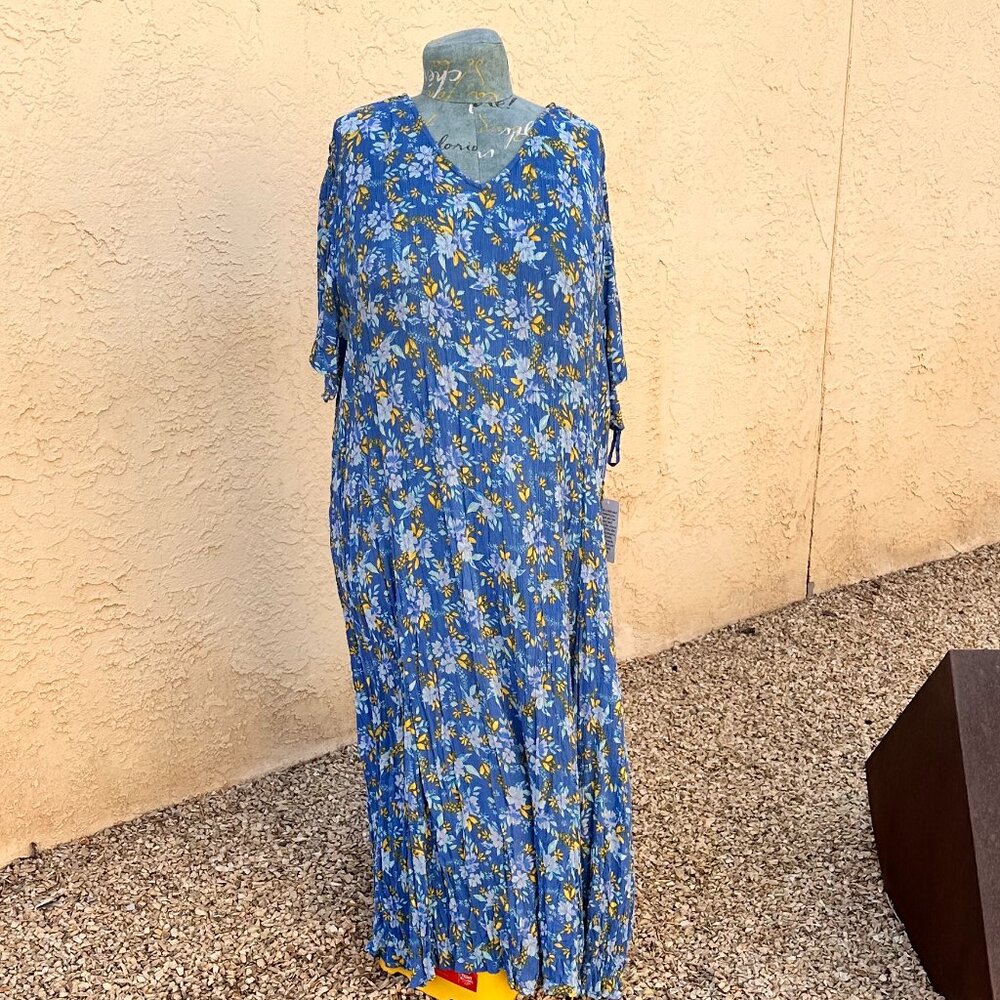 WOMAN WITHIN blue and yellow floral print Lightweight rayon maxi dress 42/44 6X
